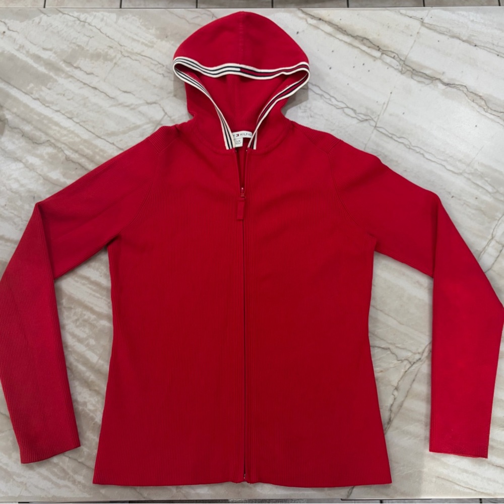 Tommy Hilfiger Ribbed Red Knit full zip up hoodie sweater Slim fit EUC - Picture 2 of 13